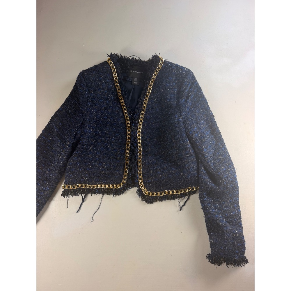 Christian Lacroix Cropped Tweed Jacket Womens S Navy Blue Gold Chain Y2K Luxury